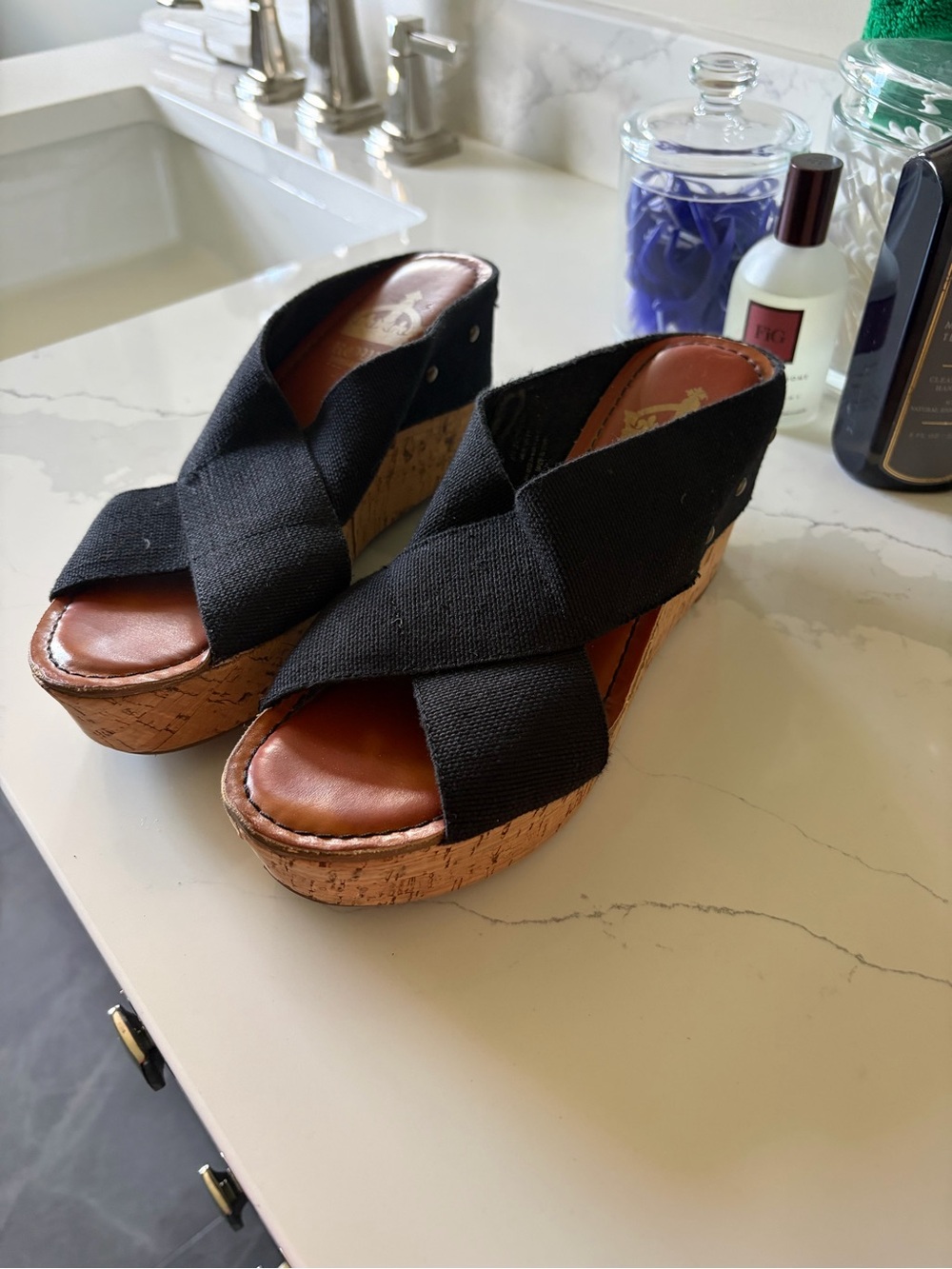 Vince Camuto Black Crisscross Cork Platform Wedges